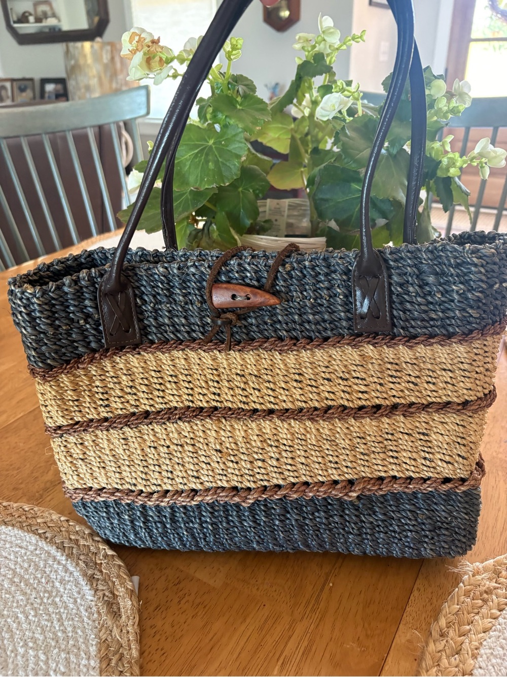 Woven Straw Tote Bag with Dark Blue, Brown and Natural Stripes - Picture 4 of 5